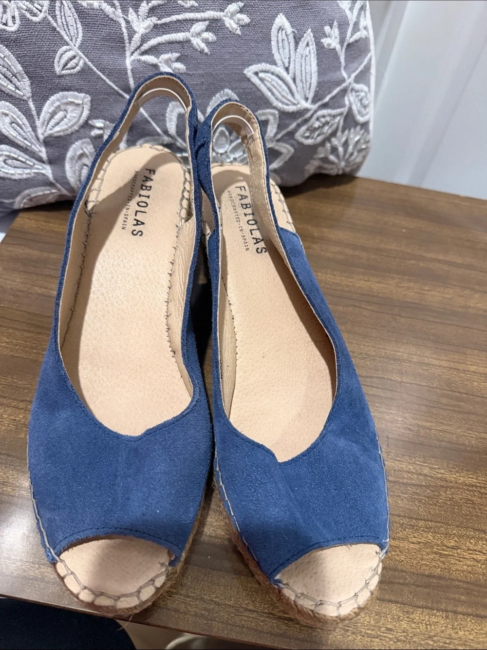 Blue Suede Peep-Toe Espadrille Wedge Slingbacks